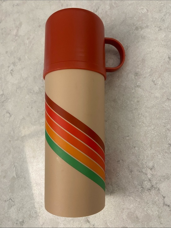 Other - Retro Stripe Beige Thermos with Red Lid. Holds 12 fl. oz.
